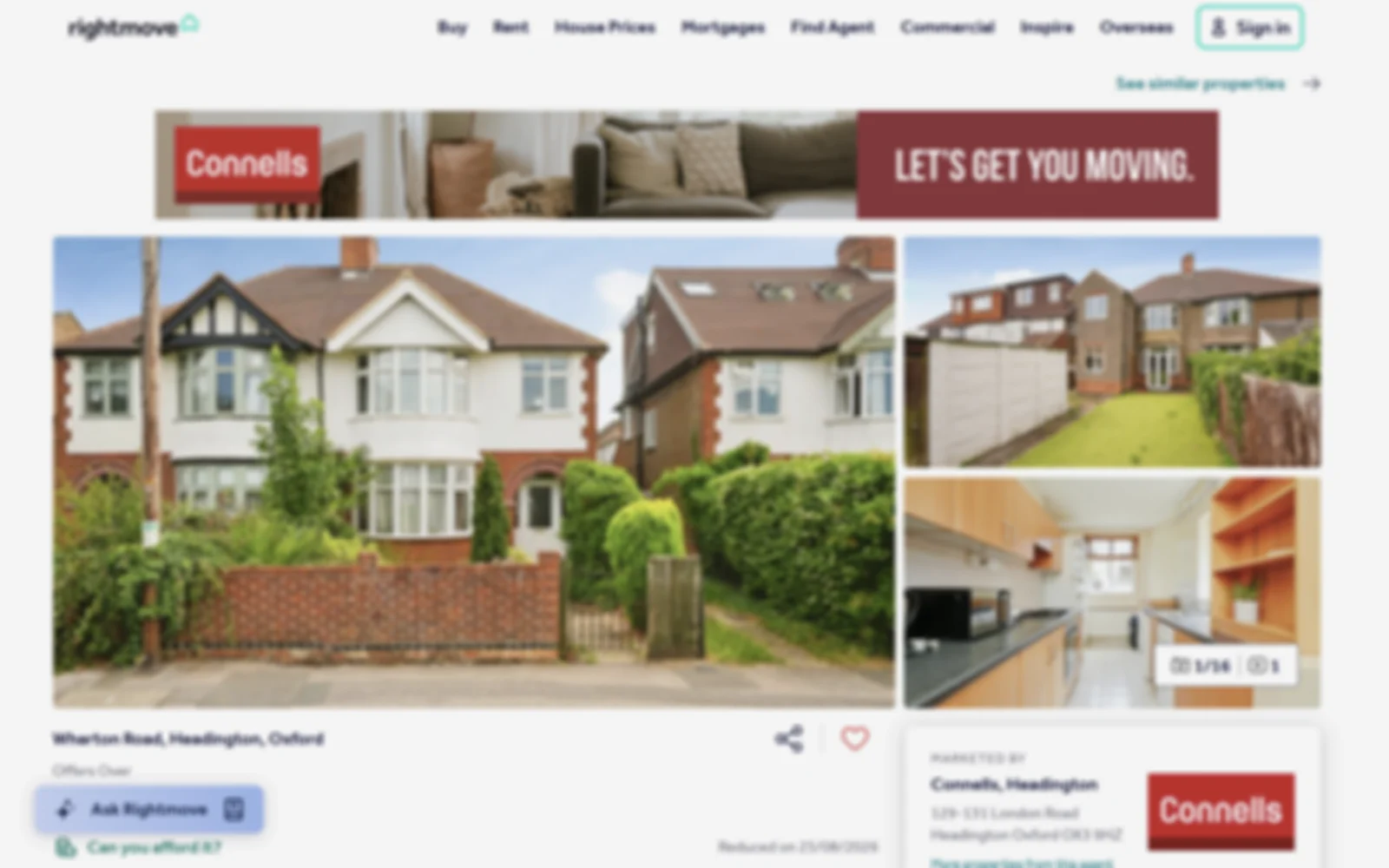 A Rightmove listing page for a semi-detached house on Wharton Road, Headington, Oxford