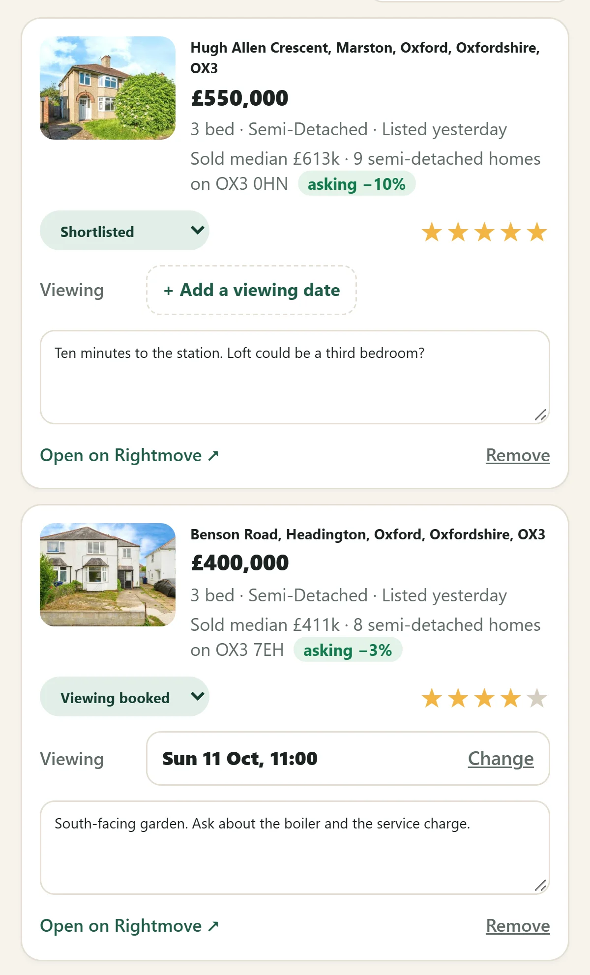 Kerblist shortlist: homes with photos, prices, sold medians, status, star ratings, viewing dates and notes