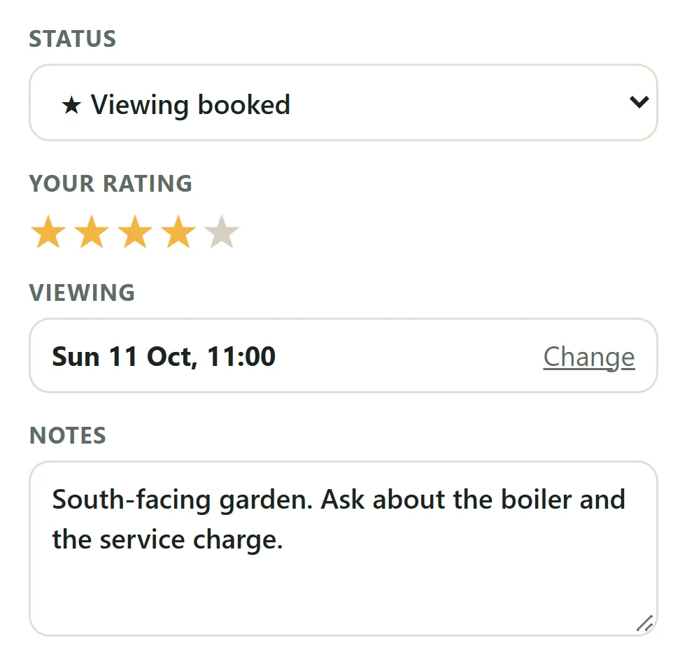 Kerblist panel on a listing: status Viewing booked, four stars, viewing Sunday 11 October at 11:00, and a note about the garden and boiler